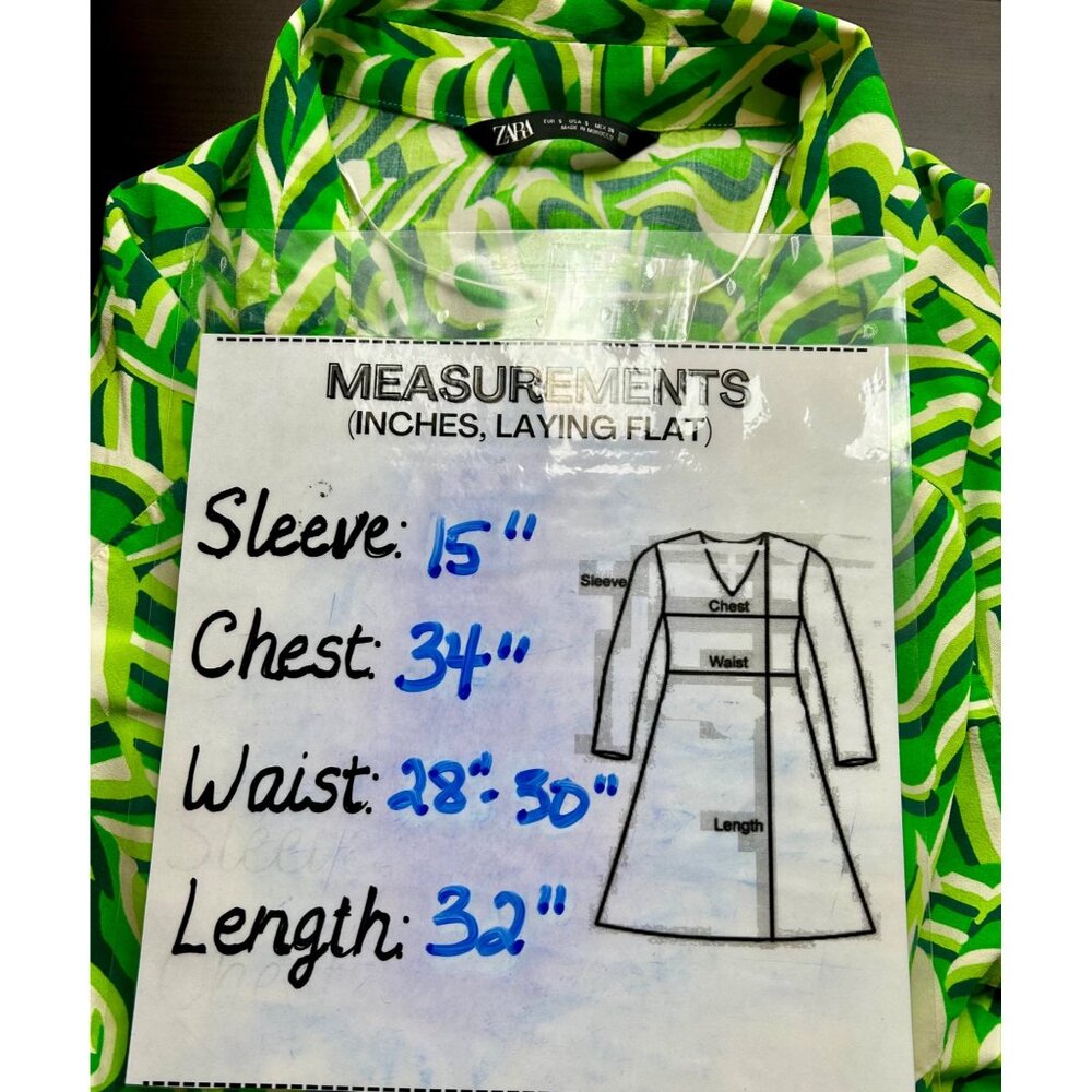 Zara Retro Swirl Shirt Dress Green White Mod Print Mini Summer Dress Sz SMALL - Picture 5 of 7